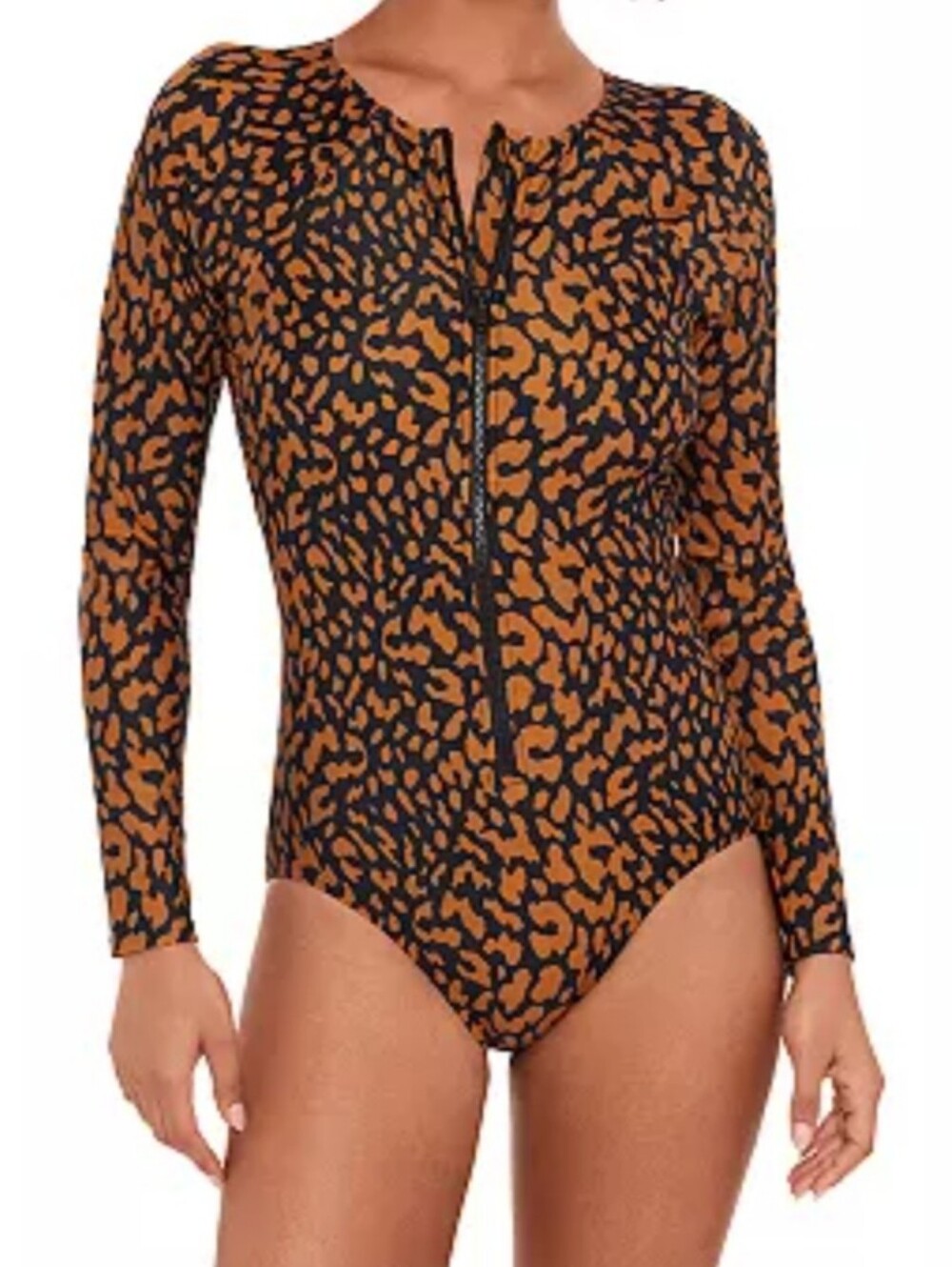 Long-Sleeve Front-Zip Leopard One-Piece Swimsuit - Black & Brown
